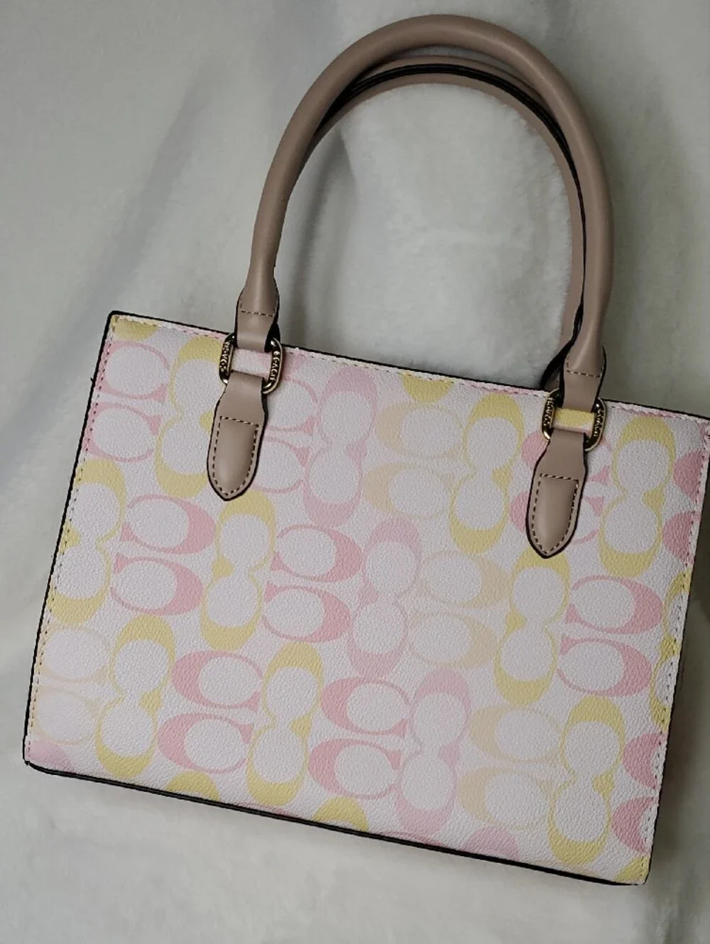 Pastel Pink and Yellow Signature Satchel with Gold Hardware